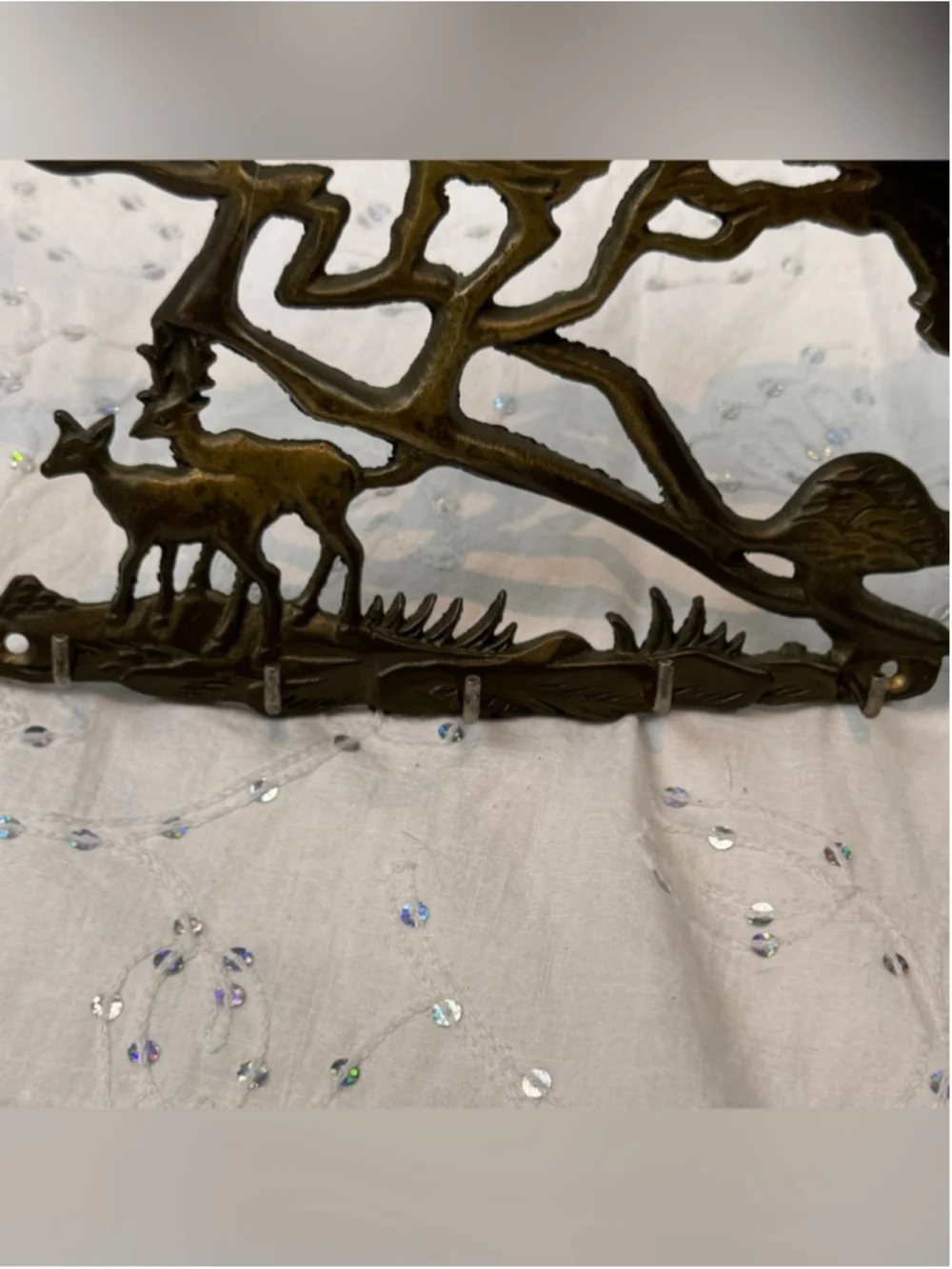Vintage Mid Century Solid Brass Deer & Pine Tree Wall Key Rack- 5 Hooks 12”